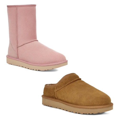 Two types of sheepskin footwear: a pink boot and a brown slip-on shoe.