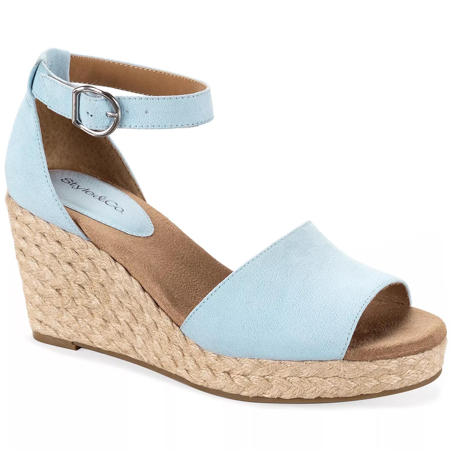 Light blue wedge sandal with an ankle strap and braided jute platform.
