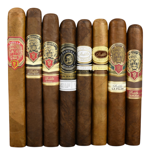 A selection of Padilla cigars featuring various blends and label designs, including Padilla Series 68 and Padilla La Terraza, showcasing diversity in wrapper colors and branding.