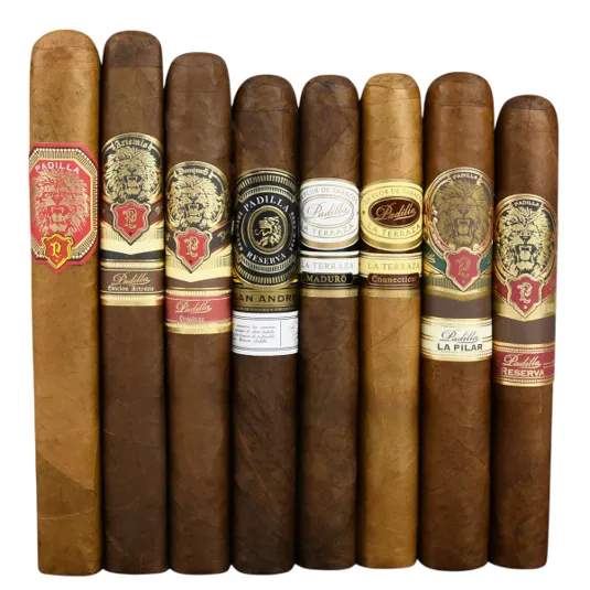 A selection of Padilla cigars featuring various blends and label designs, including Padilla Series 68 and Padilla La Terraza, showcasing diversity in wrapper colors and branding.