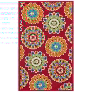 Colorful medallion-patterned rug featuring vibrant hues of red, orange, blue, and green on a red background. Suitable for indoor and outdoor use.