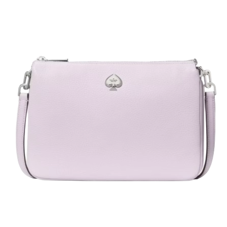 A lavender crossbody bag with a subtle pebbled texture, featuring a small logo emblem and silver-tone hardware.