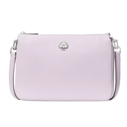 A lavender crossbody bag with a subtle pebbled texture, featuring a small logo emblem and silver-tone hardware.