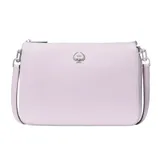 A lavender crossbody bag with a subtle pebbled texture, featuring a small logo emblem and silver-tone hardware.