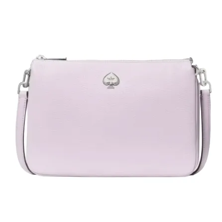 A lavender crossbody bag with a subtle pebbled texture, featuring a small logo emblem and silver-tone hardware.