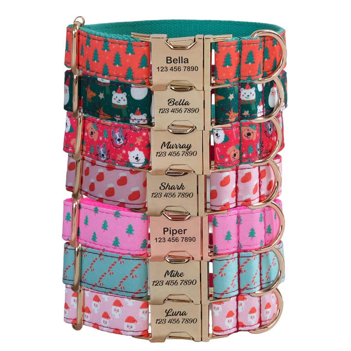 A collection of colorful pet collars with various festive and playful designs, each featuring a customizable nameplate and contact number.