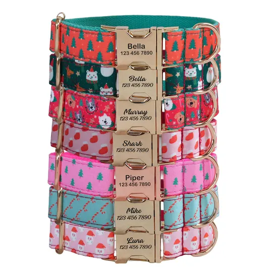 A collection of colorful pet collars with various festive and playful designs, each featuring a customizable nameplate and contact number.