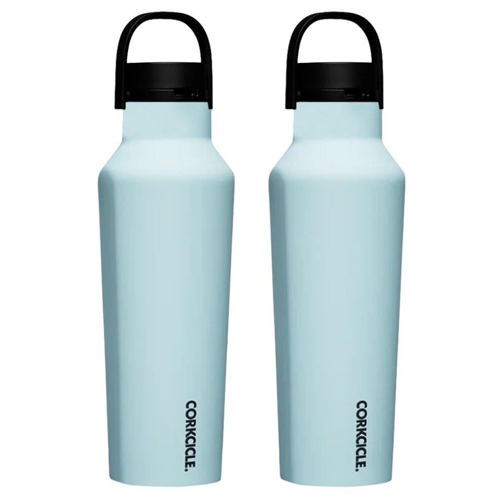 Two light blue insulated bottles with black handles and the \“Corkcicle\“ logo in black near the bottom.