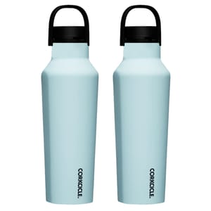 Two light blue insulated bottles with black handles and the \“Corkcicle\“ logo in black near the bottom.