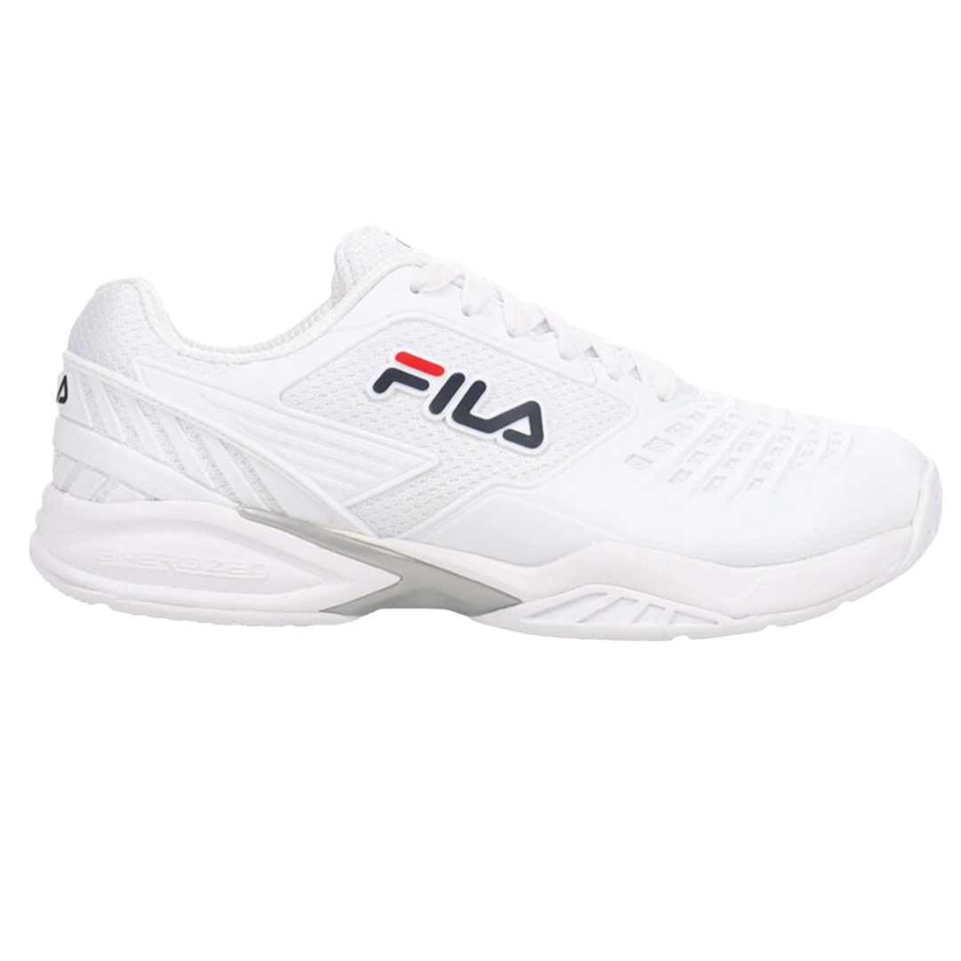 White FILA sports shoe with a breathable mesh upper and an \“Energize\“ sole, featuring the FILA logo in red and blue.