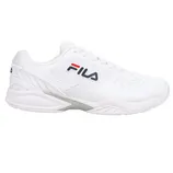White FILA sports shoe with a breathable mesh upper and an \“Energize\“ sole, featuring the FILA logo in red and blue.