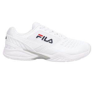 White FILA sports shoe with a breathable mesh upper and an \“Energize\“ sole, featuring the FILA logo in red and blue.