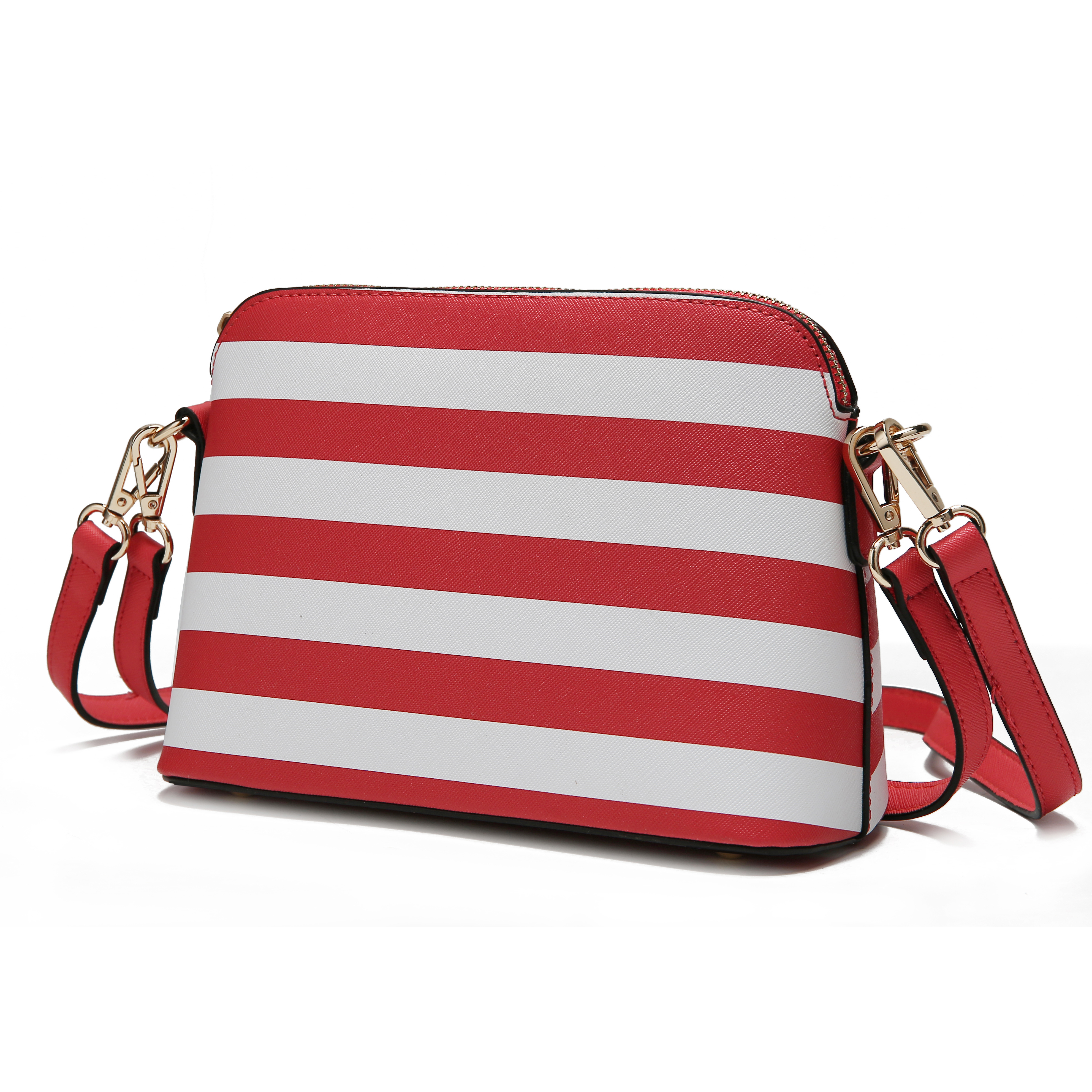 A red and white striped crossbody bag with gold hardware and an adjustable strap, featuring horizontal stripes and a zippered closure.