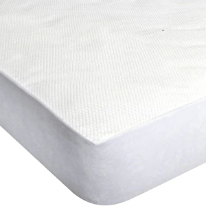 White, textured queen-size mattress cover with a snug fit and stretch sides.