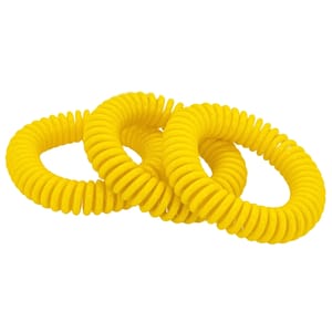 A set of three stretchy, coil-shaped yellow mosquito repellent bracelets. Each bracelet is designed to be worn on the wrist for protection against mosquitoes.