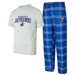 Gray T-shirt with \“Kansas Jayhawks\“ text and logo paired with blue plaid pajama pants featuring a small Jayhawks logo.