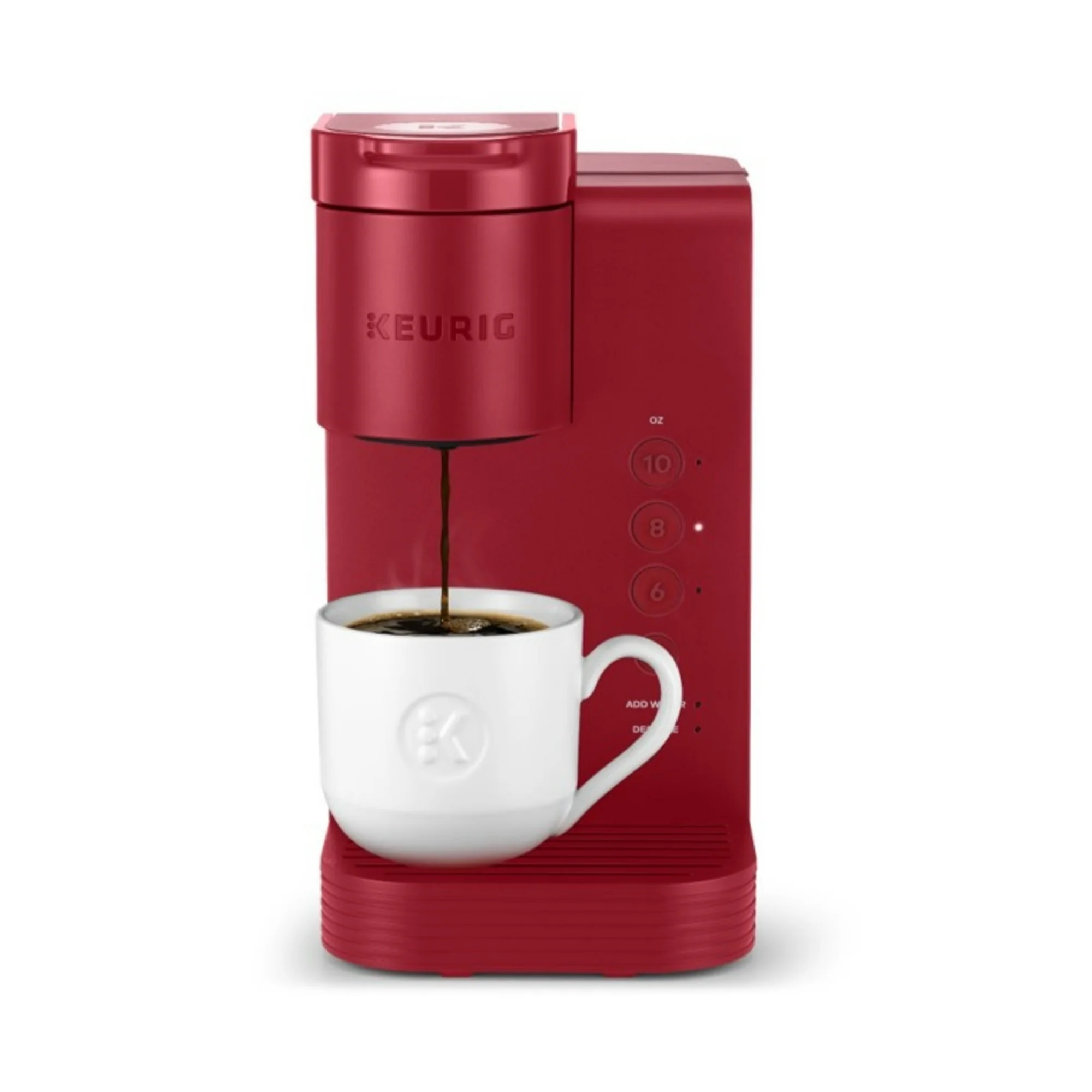 A red Keurig K-Express Coffee Maker is shown brewing a cup of coffee with three selectable brew sizes (6, 8, and 10 ounces) and a compact design.