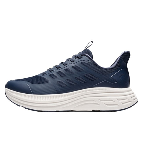A navy blue running shoe with a breathable mesh upper and thick white cushioned sole designed for comfort and support.