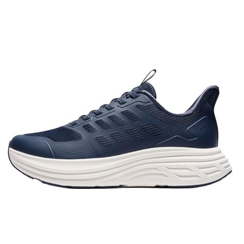 A navy blue running shoe with a breathable mesh upper and thick white cushioned sole designed for comfort and support.