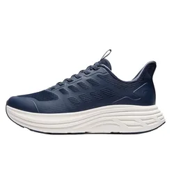 A navy blue running shoe with a breathable mesh upper and thick white cushioned sole designed for comfort and support.