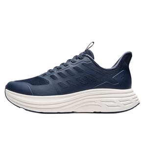 A navy blue running shoe with a breathable mesh upper and thick white cushioned sole designed for comfort and support.