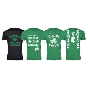 Four men's T-shirts for St. Patrick's Day: one black with \“Support Your Local Bartender\“ and a clover, and three green with slogans: \“Let's Get Ready to Stumble,\“ \“Dublin Vision,\“ and one featuring a tie and beer-themed suspenders design.