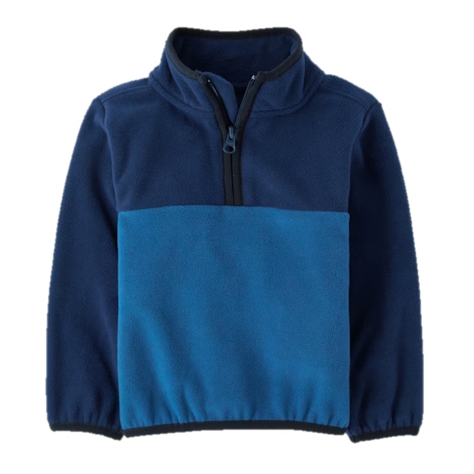 A navy and blue quarter-zip fleece pullover with elastic cuffs and hem, featuring a contrast zipper and collar trim.