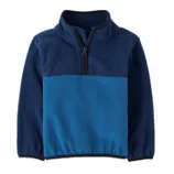 A navy and blue quarter-zip fleece pullover with elastic cuffs and hem, featuring a contrast zipper and collar trim.