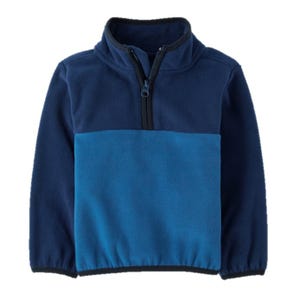 A navy and blue quarter-zip fleece pullover with elastic cuffs and hem, featuring a contrast zipper and collar trim.