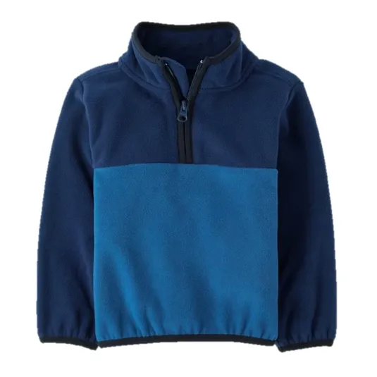 A navy and blue quarter-zip fleece pullover with elastic cuffs and hem, featuring a contrast zipper and collar trim.