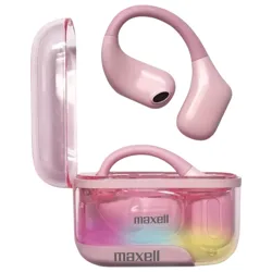 Pink Maxell wireless earbuds with a case featuring a pastel rainbow accent.