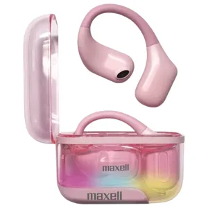 Pink Maxell wireless earbuds with a case featuring a pastel rainbow accent.