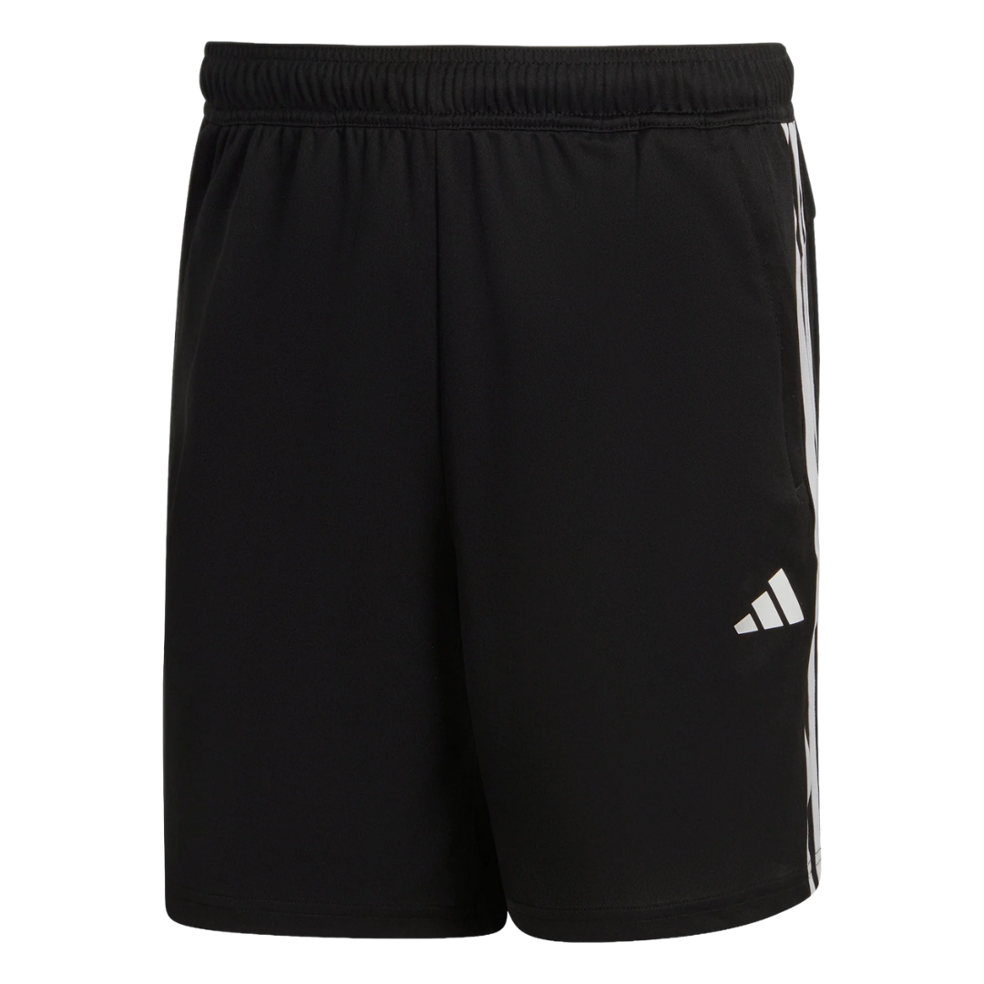 Black athletic shorts featuring white stripes on the sides and a logo on the front.