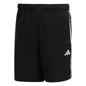 Black athletic shorts featuring white stripes on the sides and a logo on the front.