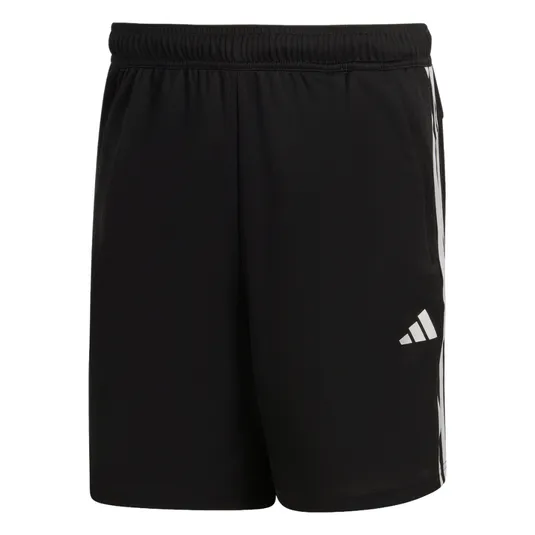 Black athletic shorts featuring white stripes on the sides and a logo on the front.