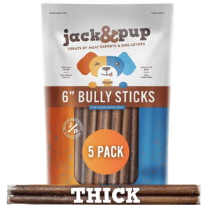 Jack & Pup 6\“ Bully Sticks, 5-pack, made from grass-fed beef, promote dental health and are 100% digestible.