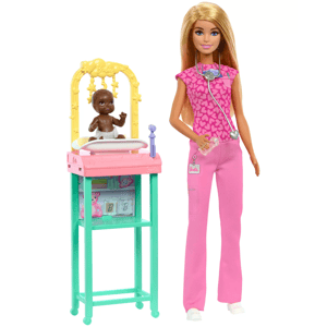 A Barbie doll dressed as a pediatrician with a stethoscope, alongside a baby doll on a colorful nursery station with a toy bottle and medical tools.