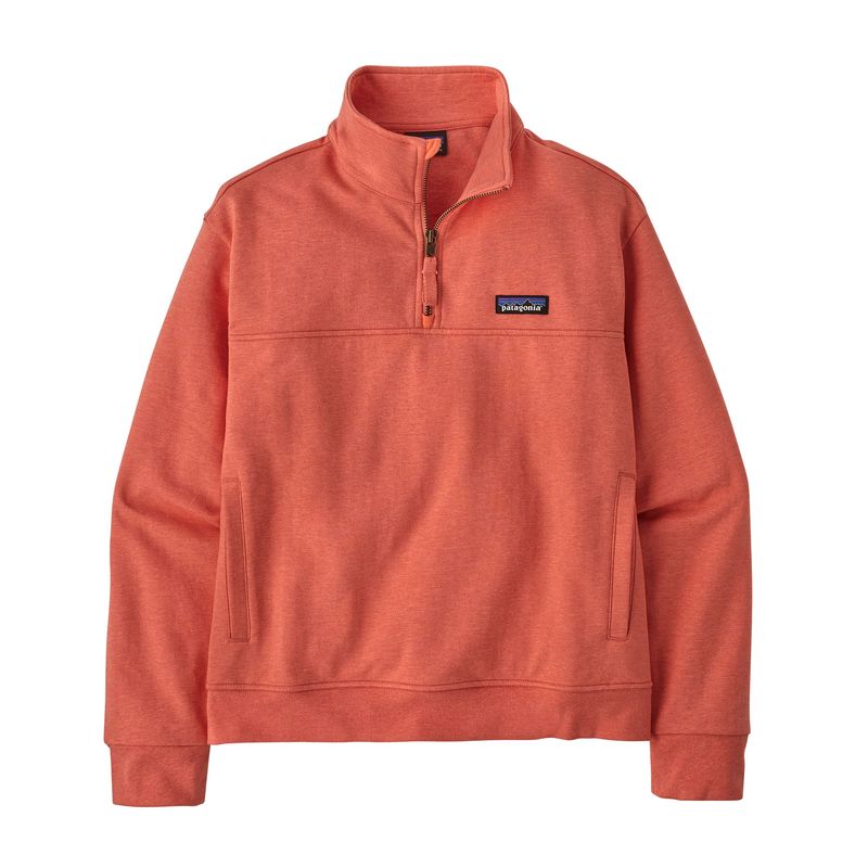 This is a coral-red, quarter-zip Patagonia Ahnya pullover featuring a stand-up collar, long sleeves, and a front pouch pocket, with a visible logo on the chest.