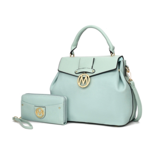 A mint green MKF satchel and wallet set featuring a structured handbag with a top handle, detachable shoulder strap, and a flap closure adorned with a gold-tone logo pendant, paired with a matching wristlet wallet.