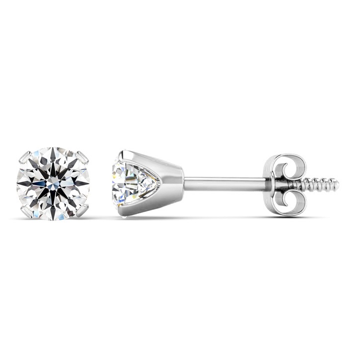 Round-cut lab-grown diamond stud earrings in a four-prong setting, featuring screw-back posts and a total weight of 1/2 carat.