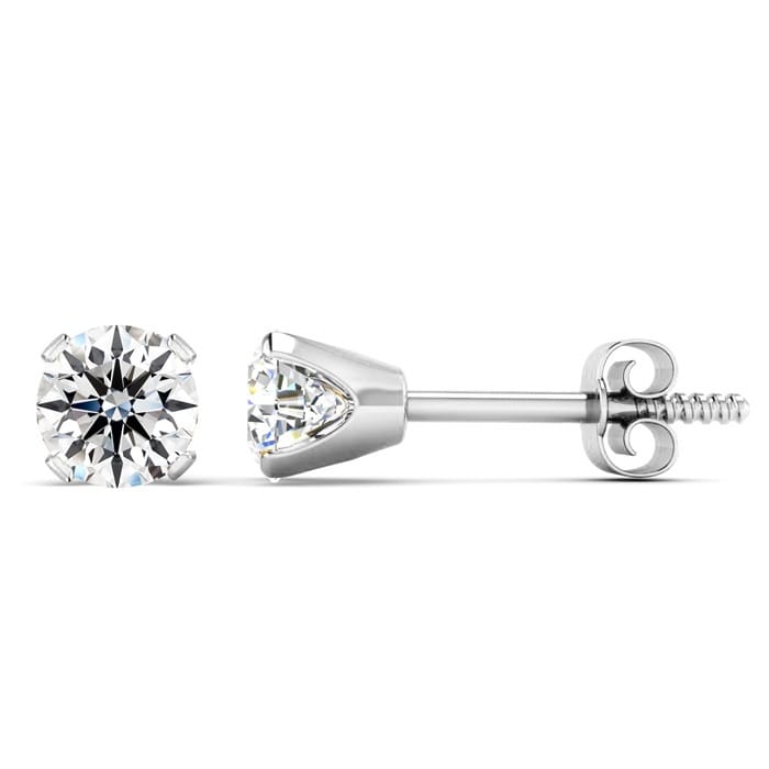Round-cut lab-grown diamond stud earrings in a four-prong setting, featuring screw-back posts and a total weight of 1/2 carat.