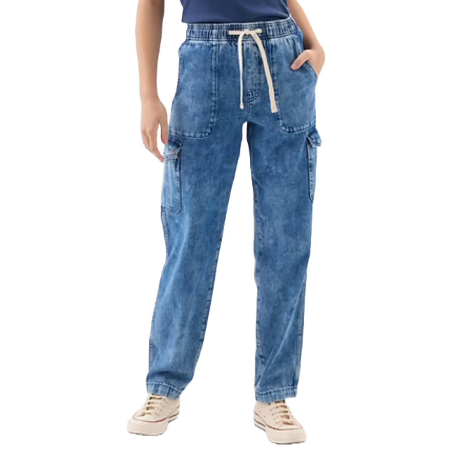 Light blue denim cargo jeans featuring multiple pockets and a drawstring waist, paired with white sneakers.