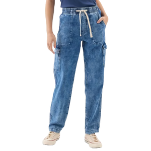 Light blue denim cargo jeans featuring multiple pockets and a drawstring waist, paired with white sneakers.