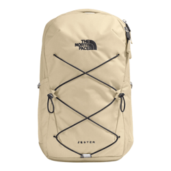 A beige North Face Jester backpack featuring a front bungee cord system, zippered compartments, and side mesh pockets.