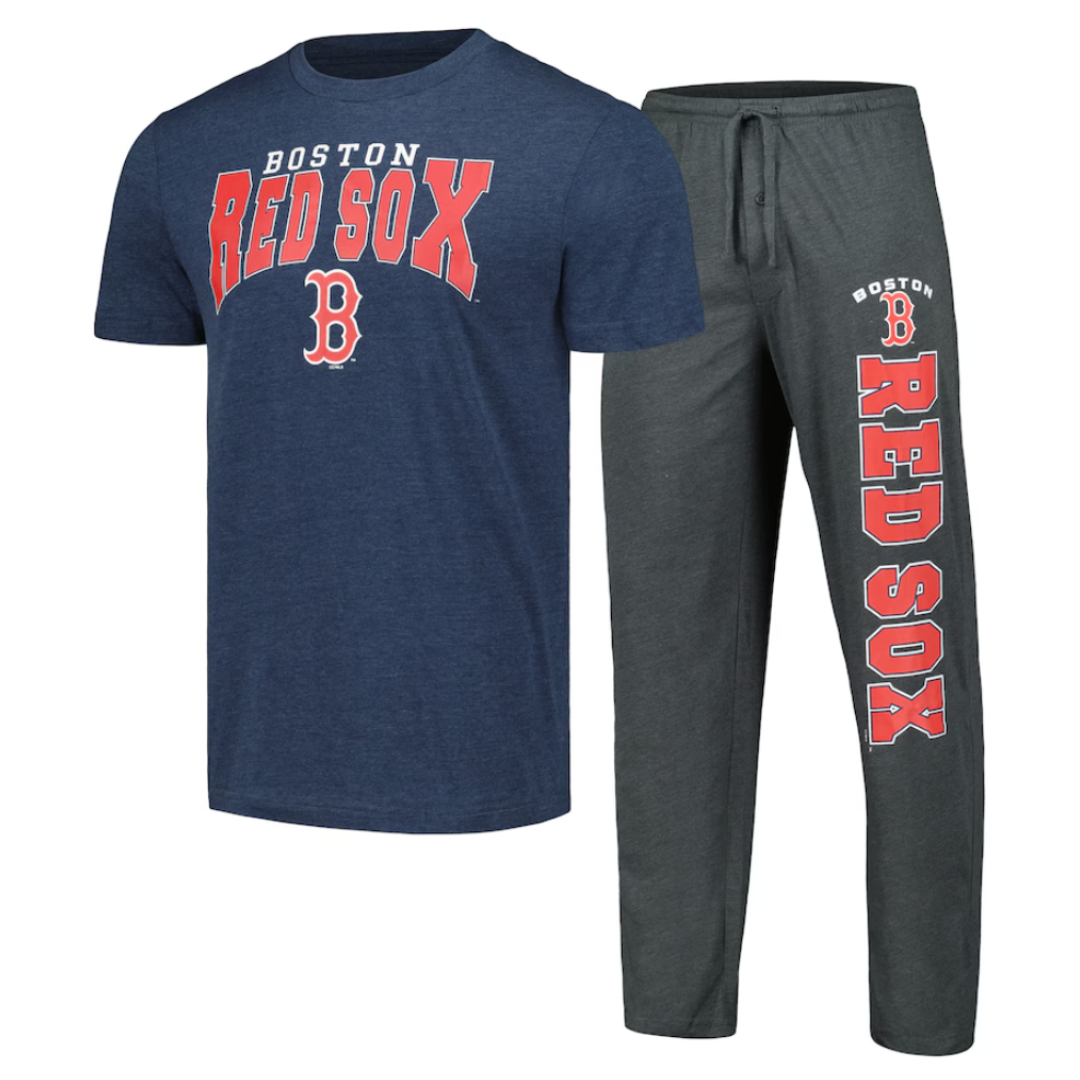 Boston Red Sox apparel set featuring a navy blue T-shirt with red and white text and logo, paired with dark gray lounge pants displaying matching text and logo.