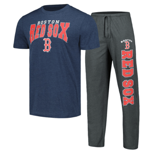 Boston Red Sox apparel set featuring a navy blue T-shirt with red and white text and logo, paired with dark gray lounge pants displaying matching text and logo.