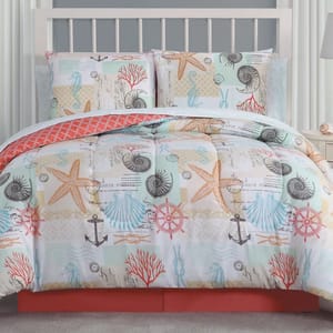 8pc Queen Coastal Comforter Set featuring a nautical theme with starfish, seashells, and anchors in blue, orange, and coral tones. Includes a reversible comforter, matching pillow shams, and coordinating bed skirt with a coral print.