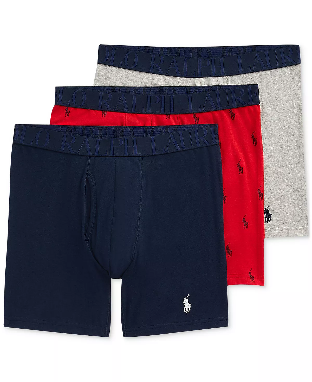 Three pairs of boxer briefs in navy, red, and grey with branded waistbands and a small logo on the navy pair.
