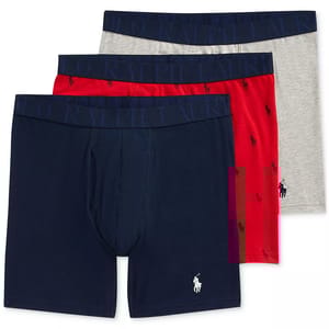 Three pairs of boxer briefs in navy, red, and grey with branded waistbands and a small logo on the navy pair.
