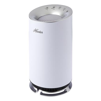 A white cylindrical air purifier with a sleek design, featuring control buttons on top and a vented base.